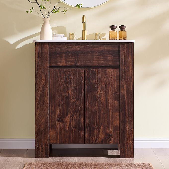 T4TREAM 30 Inch Bathroom Vanity with Sink, Modern Single Sink Bathroom Vanity, Small Bathroom Cabinet with Handle-Free Design, Dark Walnut
