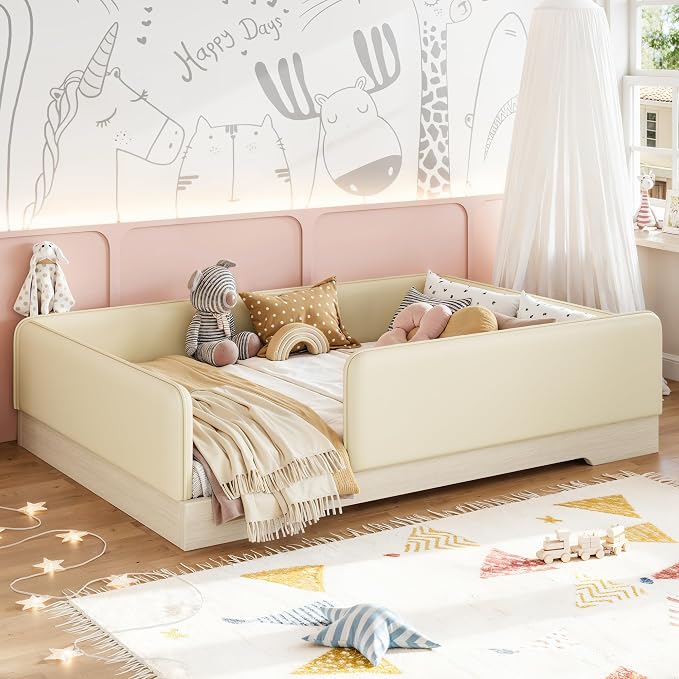 Bellemave Full Upholstered Montessori Floor Bed Frame with Guardrails,Beige