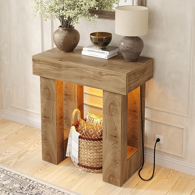 Unikito 32" Entry Table with Sensor Light and Power Outlets, Natural Oak