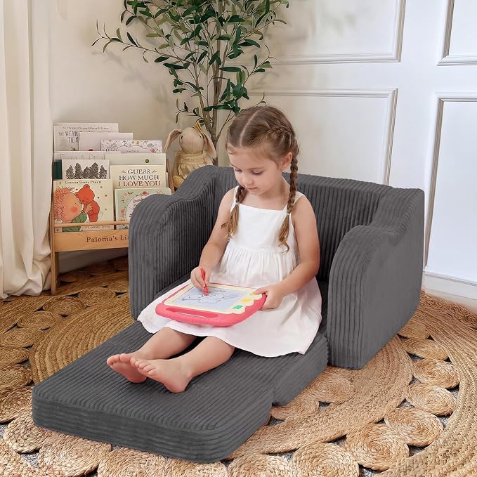 MeMoreCool Kids Chair, 2-in-1 Corduroy Fold Out Sofa, Foam Seat, Dark Grey