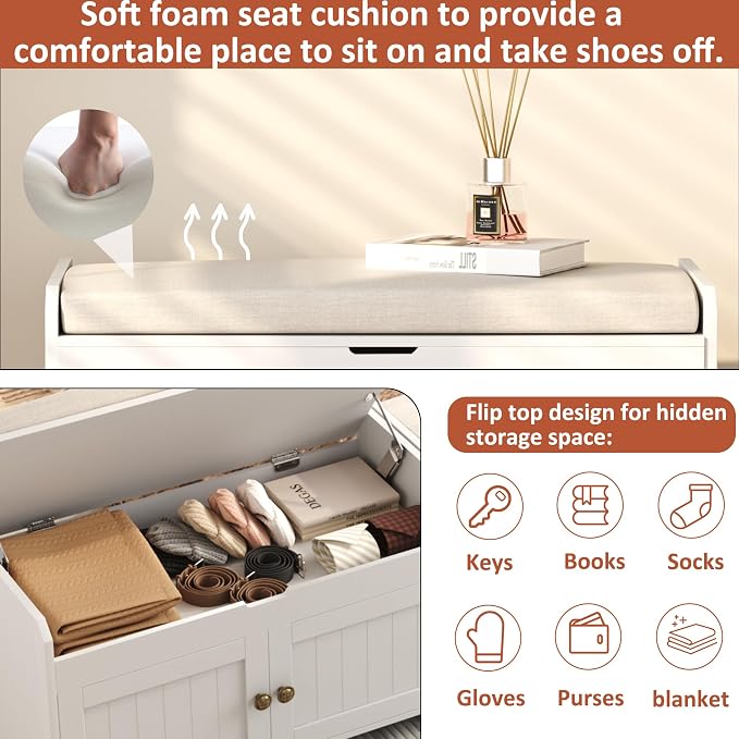 HOMEFORT 30" Shoe Bench with Lift Top Storage, Entryway Bench with Cushioned Seat, Wooden End of Bed Bench, Shoe Cabinet Bench with Hidden Storage Space, for Bedroom, Hallway,White