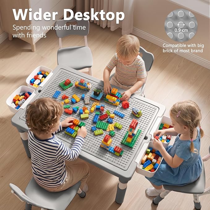 Kinder King Kids Table & 4 Chairs Set, Adjustable Heights, Storage, Grey