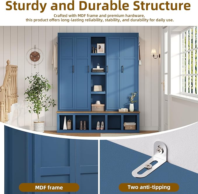 Merax Modern Farmhouse Hall Tree with Bench, 4-in-1 Entryway Storage Cabinet & Shoe Organizer with Hooks, Blue