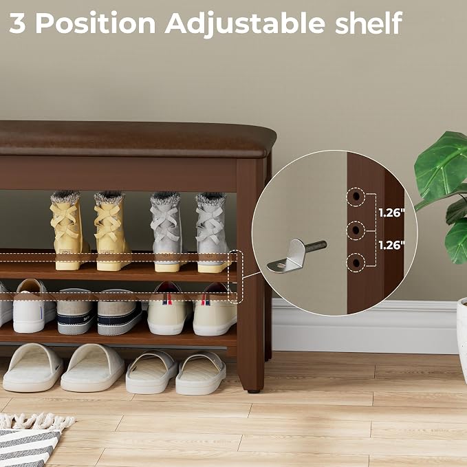 Homleke 47.2" Wide Solid Wood Shoe Rack Bench with Flip-Top Storage