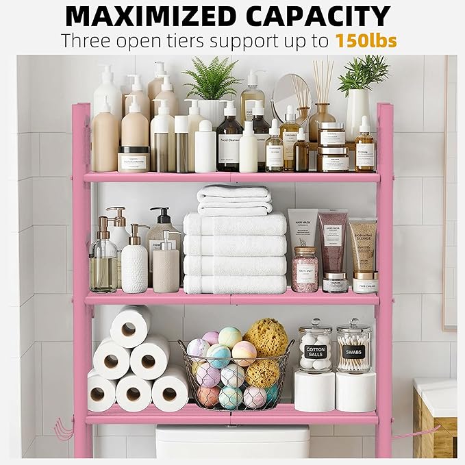 GloTika 3-Tier Over Toilet Storage, Anti-Tilt, 64" H, Pink | Anti-Tilt Safety System, 150lb Capacity, Carbon Steel, Freestanding, No Drilling, Anti-Rust Coating, Paper Holder & 4 Hooks