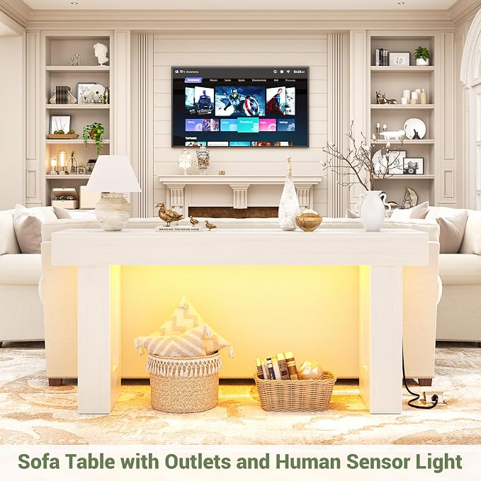 Unikito 63" Console Table with Sensor Light and Oulets, Rustic White