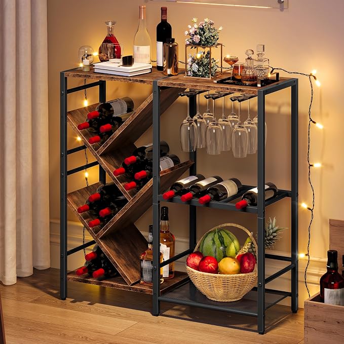 HOOBRO Liquor Bar Cabinet, Modern Liquor Cabinet with Wine Rack & Glass Holder, Liquor Bar Cabinet with Power Outlet, Mini Bar Table for Home Bar, Rustic Brown and Black BF36JJ01