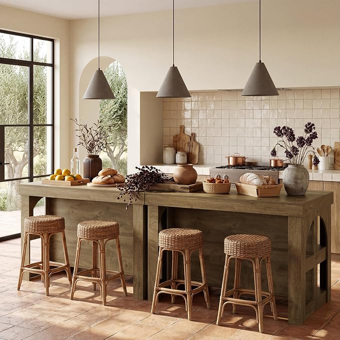 LITTLE TREE Kitchen Island with Storage, 55-Inch Large Stationary Center Island with Seating Space & 3 Shelves, Farmhouse Wooden Bar Table for Kitchen, Rustic Brown