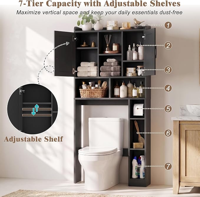 Farmhouse Over The Toilet Storage Cabinet with Barn Door, Reversible Side | 7-Tier Bathroom Organizer, Adjustable Shelves Bottom Bar, Detachable Paper Holder, Anti-Tipping, Laundry Room, Black