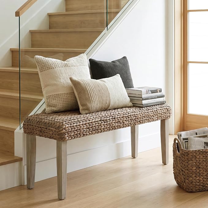 Solid Wood Acacia Indoor Bench, Natural Woven Water Hyacinth Seat, Grey Leg