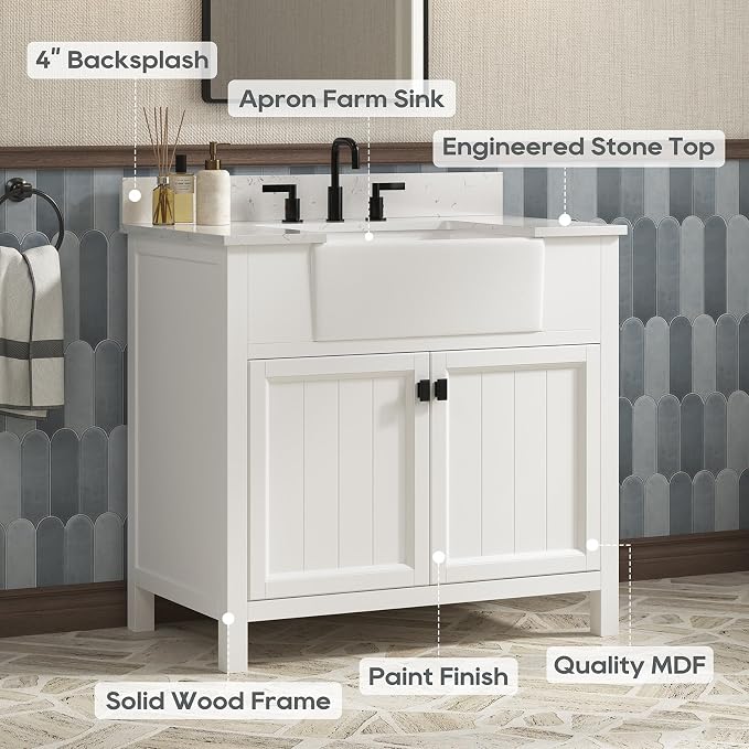 36 Inch Farmhouse Bathroom Vanity with Sink, White | Solid Wood Bathroom Sink Cabinet with Soft Close Doors, Single Sink Bathroom Vanity with Adjustable Feet, Apron Farm Sink
