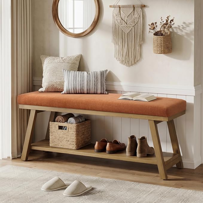 Zihanhome 45" Entryway Bench Upholstered Storage Bench for Bedroom(Orange)