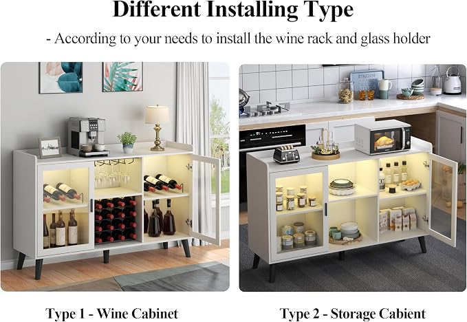 Wine Bar Cabinet with LED Light, Home Coffee Cabinet w/ Wine & Glass Holder