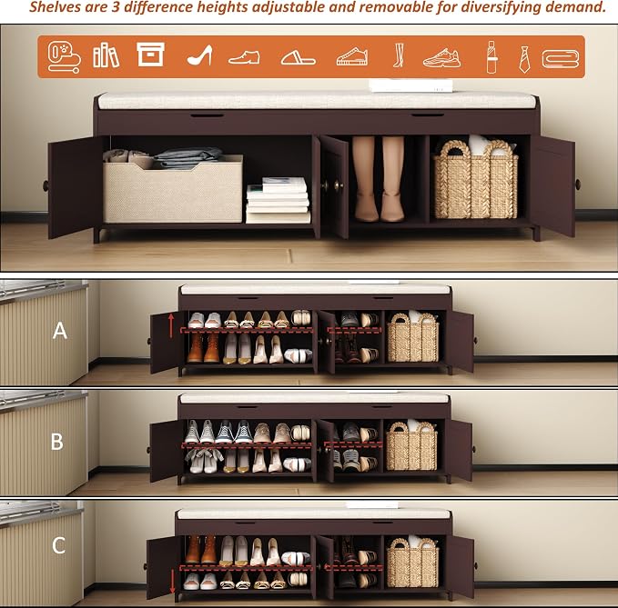 HOMEFORT 54.4" Shoe Bench with Lift Top Storage, Entryway Bench with Cushioned Seat, Wooden End of Bed Bench, Shoe Cabinet Bench with Hidden Storage Space, for Bedroom, Hallway,Espresso