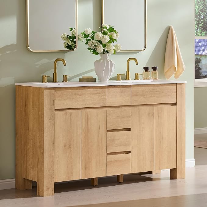 T4TREAM 60 Inch Modern Bathroom Vanity with Double Sink, Natural Oak | Integrated Resin Sink, 4 Soft-Close Doors & 3 Drawers, Handle-Free Design, Thick Heavy-Duty Legs, Oak Grain Finish.