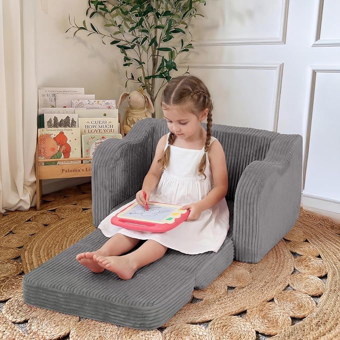 MeMoreCool Kids Chair, 2-in-1 Corduroy Fold Out Sofa, Foam Seat, Light Grey