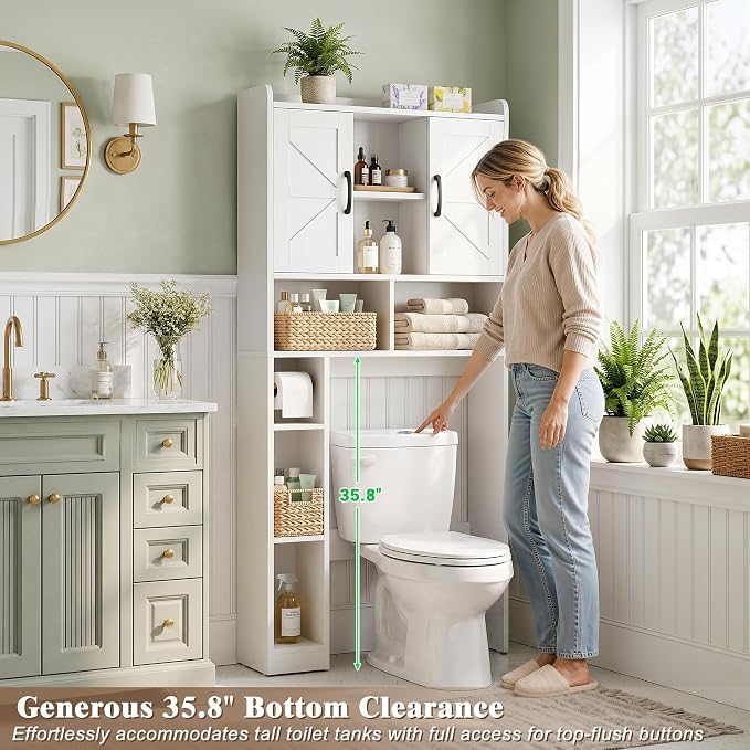 Farmhouse Over The Toilet Storage Cabinet with Barn Door, Reversible Side | 7-Tier Bathroom Organizer, Adjustable Shelves Bottom Bar, Detachable Paper Holder, Anti-Tipping, Laundry Room, White