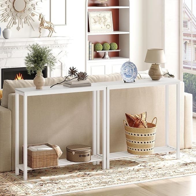 YATINEY Narrow Console Table, 2-Tier Small Sofa Table, 29.5" Thin Entryway Behind Couch Table with Shelves, Industrial Hallway Table, for Living Room, Foyer, White CT03WW