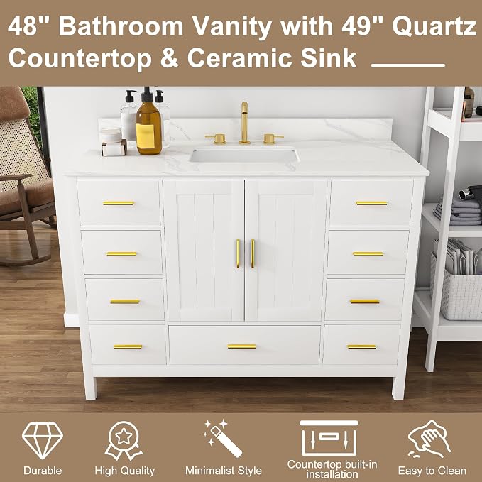 Montary 48" Bathroom Vanity with Sink & 49" Carrara Quartz Top | with 3 Pre-Drilled Faucet Holes, Solid Wood Cabinet, Soft-Close Double Doors & 9 Smooth-Glide Drawers,White