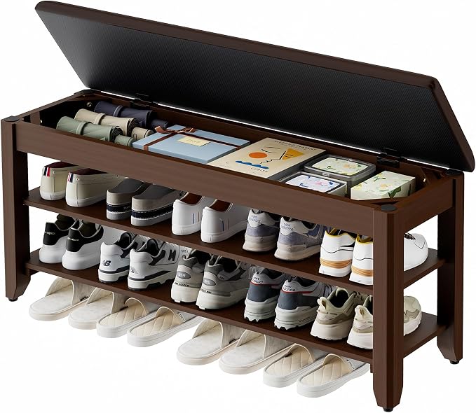 Homleke 39.4" Wide Solid Wood Shoe Rack Bench with Flip-Top Storage