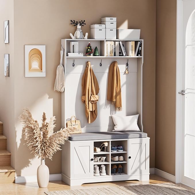 71“ Hall Tree with Bench and Shoe Storage, Coat Rack and 2 Doors