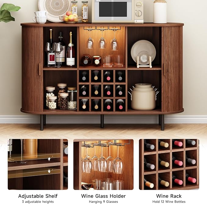 ONBRILL 55" Fluted Wine Bar Cabinet with LED Light Walnut