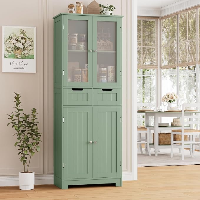 HORSTORS 67" H Bathroom Storage Cabinet, Green Linen Cabinet with Drawers | Freestanding Bathroom Cabinet with Glass Door & Shelf, Modern Tall Storage Cabinet for Bathroom, Living Dining Room, Kitchen