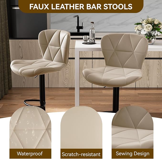 Nalupatio Modern Bar Stools Set of 3, Adjustable Faux Leather Upholstered Swivel Bar Stools, Counter Bar Chairs with Back for Kitchen Island, Khaki