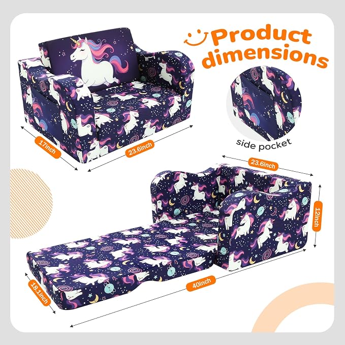 MeMoreCool Kids Couch, Purple Unicorn Fold Out Sofa, Side Pocket, Washable