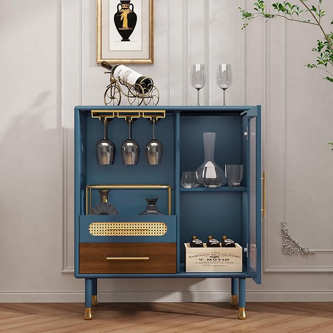 ARTPOWER Modern Coffee Bar Cabinet with Pull-Out Wine Storage, Blue
