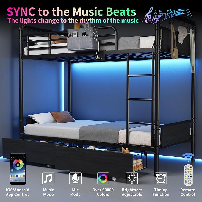 Jocoevol Metal LED Bunk Bed Twin Over Twin with 2 Storage Drawers, USB Charging Station, Industrial Bunkbeds Heavy Duty Bed with Safety Guardrail and Ladder, No Box Spring Needed, Black
