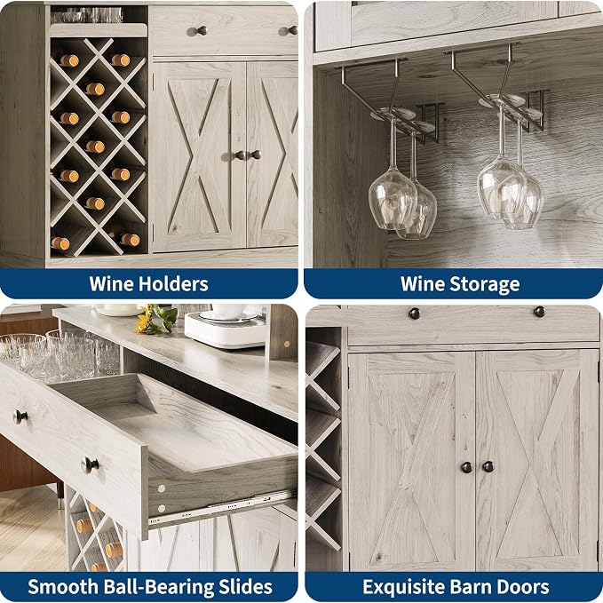 Garvee Coffee Bar Cabinet with Power Outlet & Exquisite Barn Doors, Sideboard Buffet Cabinet with Wine Bottle Rack, Storage Cabinet for Kitchen, Dining Room