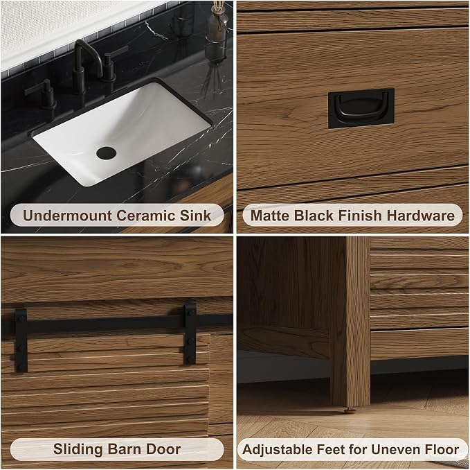 36 Inch Farmhouse Bathroom Vanity with Sink, Walnut | Pre Assembled Freestanding Bathroom Sink Cabinet, Sliding Barn Doors & Soft-Closing Drawers, Single Sink, Adjustable Feet