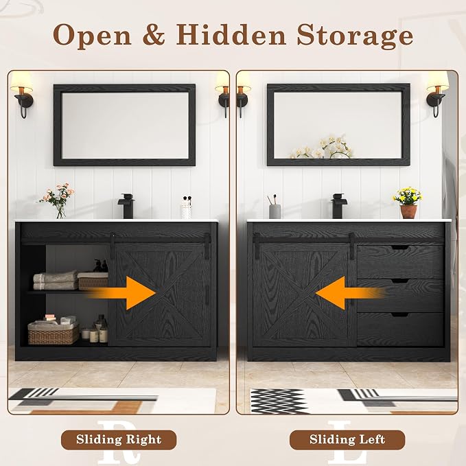 48" Farmhouse Bathroom Vanity with Sink & Faucet & Mirror, Wood Grain Black | Sliding Barn Door, 3 Handleless Drawers, Single Vanity Combo for Small Space