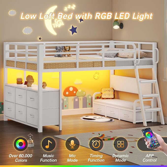 Dnxao Low Loft Bed Twin Size with 9 Storage Drawers and Desk for Kids,White