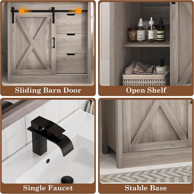 chartustriable 36 Inch Bathroom Vanity with Sink & Faucet & Mirror, Farmhouse Bathroom Vanity Cabinet Set with Sliding Barn Door & Drawers, Small Single Bath Storage Vanity Sink, Grey