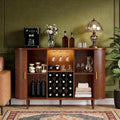 DHH 55" Wine Bar Cabinet with Storage, Fluted Liquor & Coffee Bar Cabinet with Wine Rack and Glass Holder, Buffet Sideboard with LED Lights for Home Kitchen Living Dining Room(Walnut)