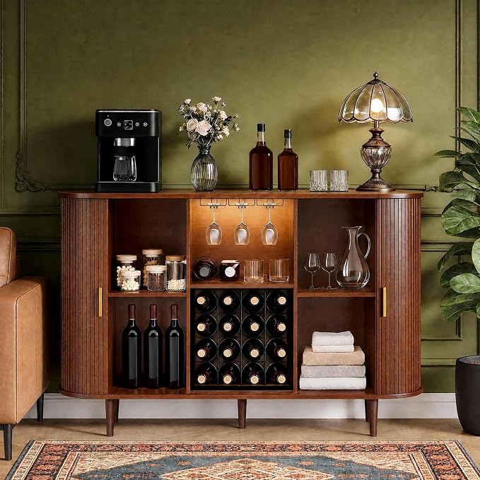 DHH 55" Wine Bar Cabinet with Storage, Fluted Liquor & Coffee Bar Cabinet with Wine Rack and Glass Holder, Buffet Sideboard with LED Lights for Home Kitchen Living Dining Room(Walnut)