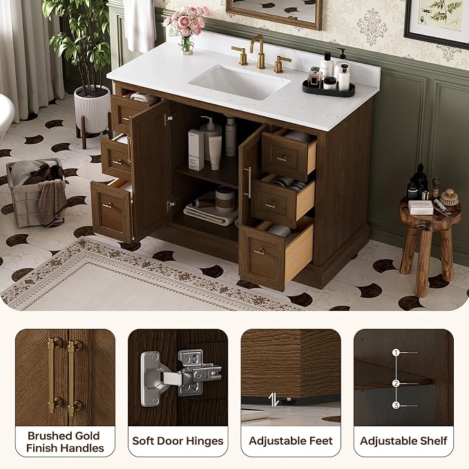 48 Inch Bathroom Vanity with Sink, Solid Wood, Walnut | Fully Assembled Freestanding Bathroom Vanity, Soft Close Parquet Doors & Dovetail Drawers, Vanity for Bathroom Renovation