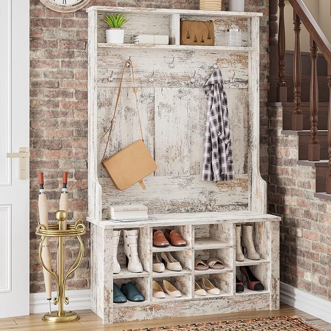 Itaar Hall Tree, Storage Bench, Shoe Rack for Entryway, Hall Tree with Bench and Adjustable Shoe Storage, Vintage White