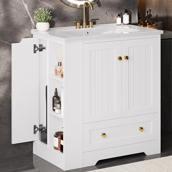 IRONCK Bathroom Vanity with Ceramic Sink, 30" Bathroom Cabinet, White | Features a Ceramic Sink, 3 Doors, 1 Drawer and Flexible Side Storage for Organized Bathroom Storage
