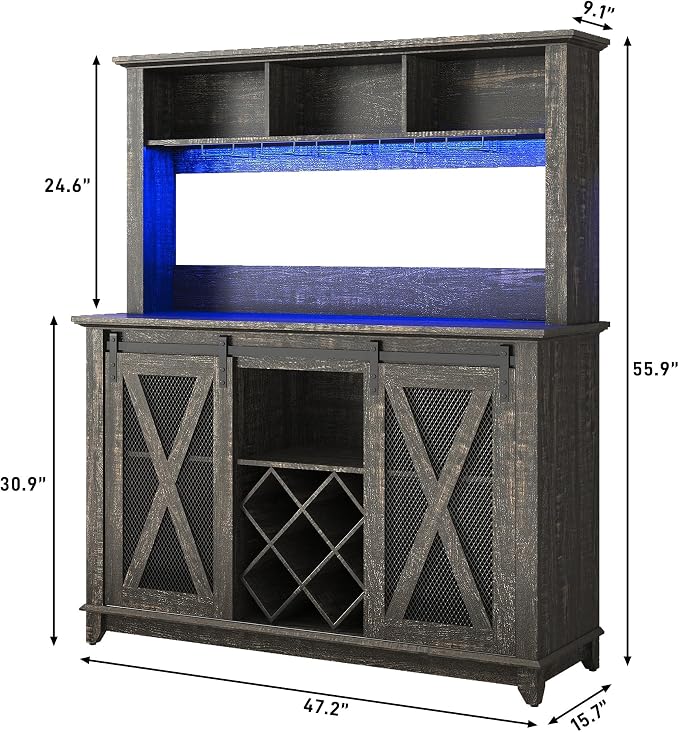 47"Wide 56"H Farmhouse Coffee Bar Cabinet with Power Outlet and LED Light,Wine Bar Cabinet w/3 Storage Hutch,Kitchen Buffet Cabinet with 10 Wine and Glass Racks for Kitchen Dining Room(Dark Oak)