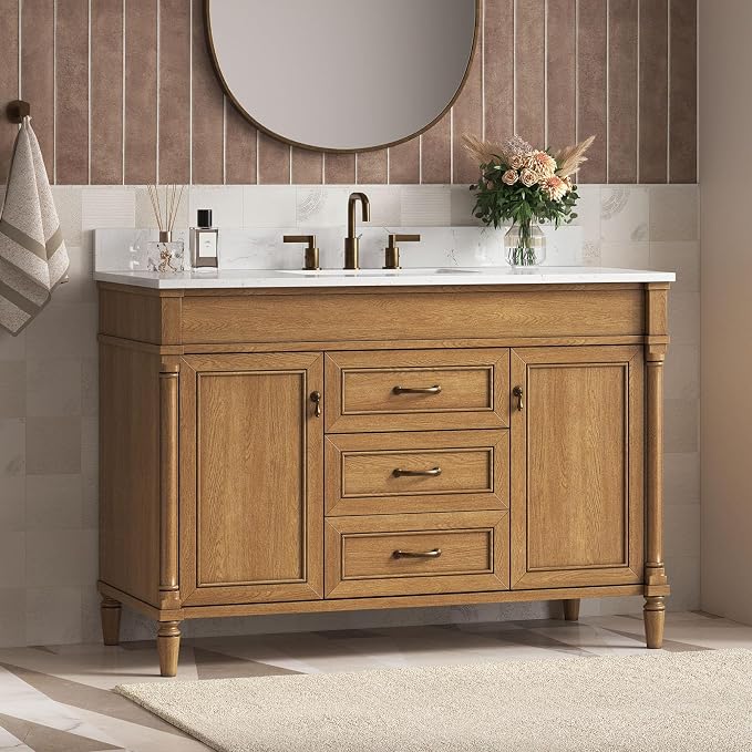 48 Inch Bathroom Vanity with Sink Combo, Light Walnut | Classic Cabinet with Countertop & Backsplash, Solid Wood Frame with Soft Closing Doors & 3 Dovetail Drawers, Ceramic Sink