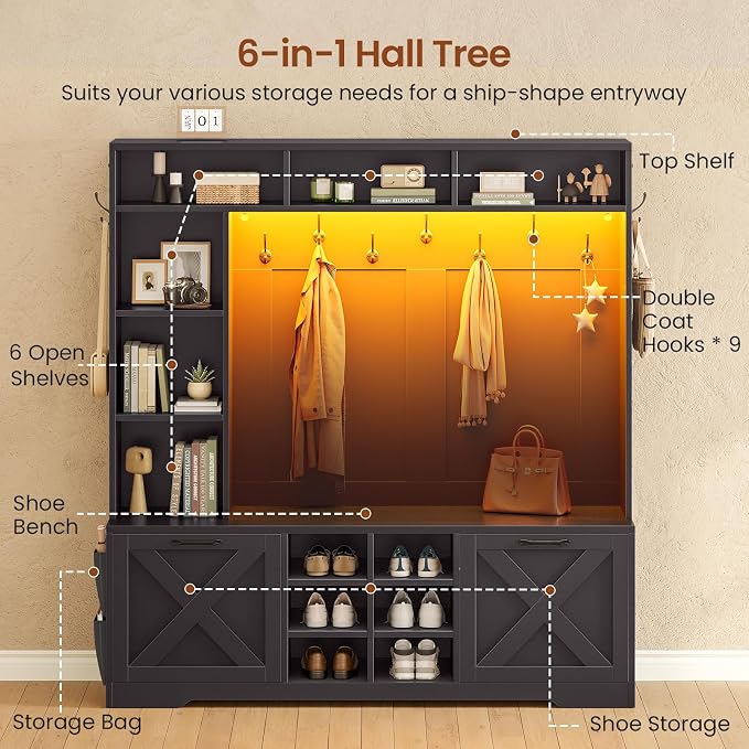 Itaar Hall Tree with Bench and Shoe Storage, 59.1" Farmhouse Entryway Bench with Coat Rack, Shoe Cabinet with Flip Drawers, 12 Shelves, 9 Coat Hooks, Storage Bag, Led Lights, Black