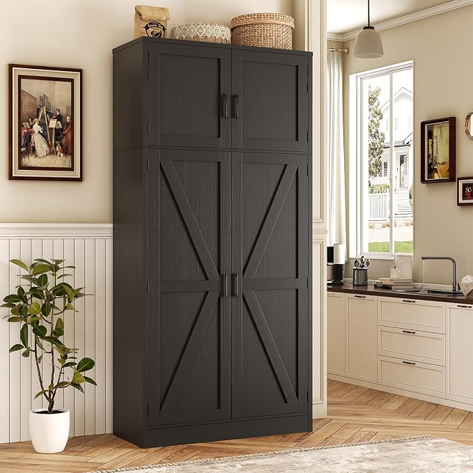 Unikito 71” Tall Kitchen Pantry Storage Cabinet with Adjustable Shelves | Large Farmhouse Storage Cupboard, Barn Doors, Sturdy and Deep, Versatile for Dinning Room, Living Room, Bathroom, Black