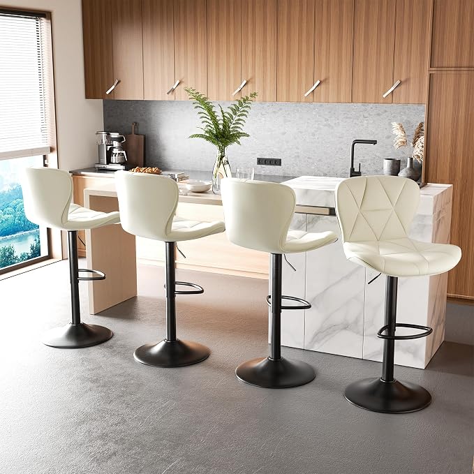 Nalupatio Modern Bar Stools Set of 2, Adjustable Faux Leather Upholstered Swivel Bar Stools, Counter Bar Chairs with Back for Kitchen Island, Cream White