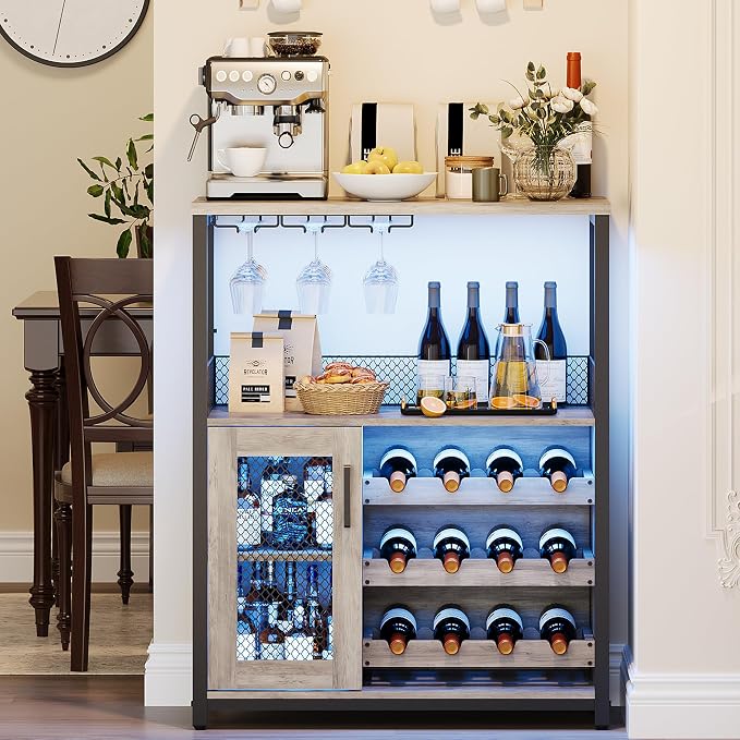 IDEALHOUSE Wine Bar Rack Cabinet with LED Lights, Small Coffee Bar Cabinet