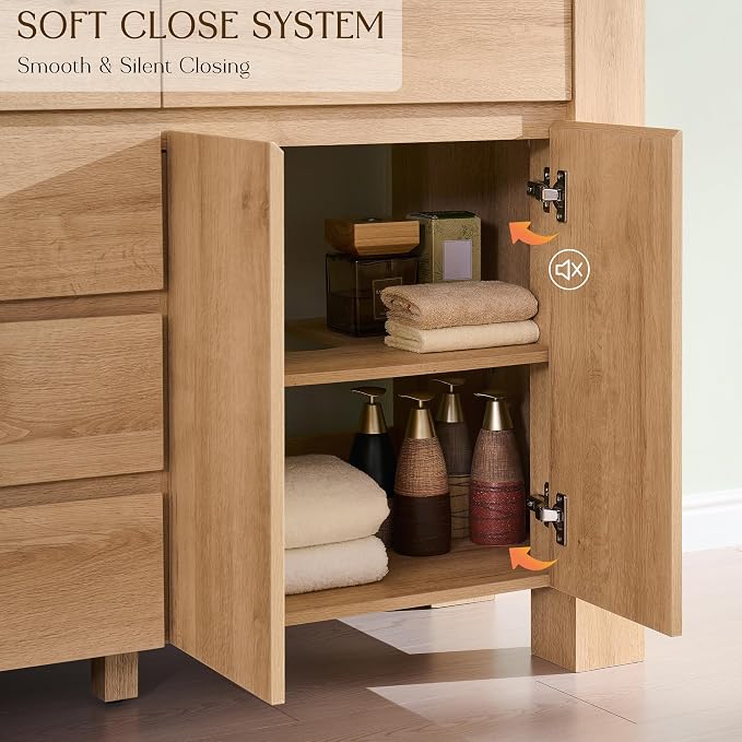 T4TREAM 60 Inch Modern Bathroom Vanity with Double Sink, Natural Oak | Integrated Resin Sink, 4 Soft-Close Doors & 3 Drawers, Handle-Free Design, Thick Heavy-Duty Legs, Oak Grain Finish.