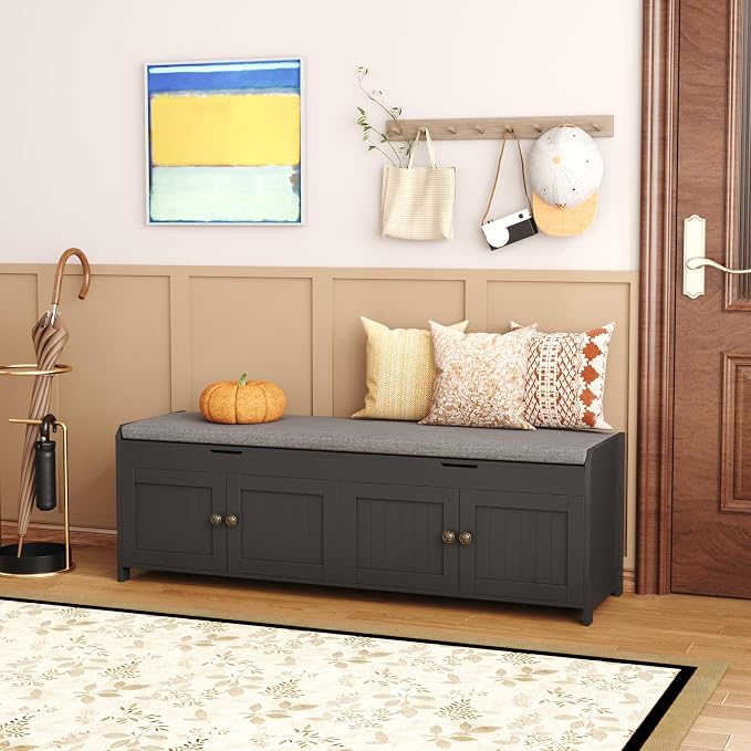 HOMEFORT 54.4" Shoe Bench with Lift Top Storage, Entryway Bench with Cushioned Seat, Wooden End of Bed Bench, Shoe Cabinet Bench with Hidden Storage Space, for Bedroom, Hallway,Black
