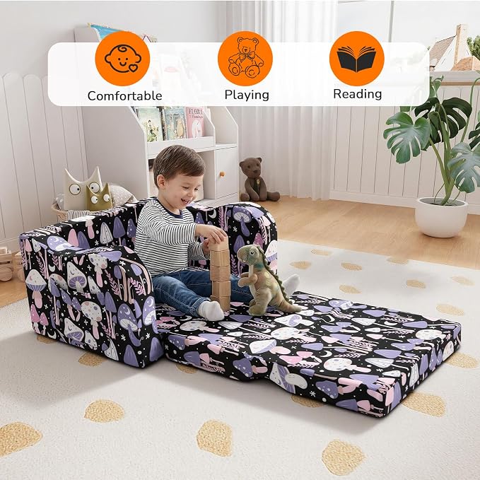 MeMoreCool Kids Couch, Fold Out Sofa Chair with Side Pocket, Mushroom Print